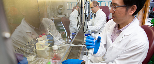 Reona (Leo) Sakemura, M.D., Ph.D., working under a tissue hood in the lab.