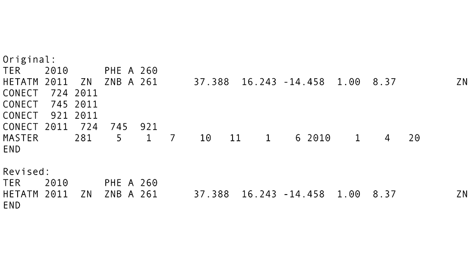 The zinc coordinates shown in a PDB file