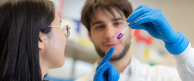 Two team members in the Liver Pathobiology Lab examine a liquid solution in a round-bottom tube.