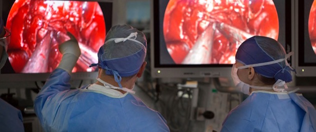 Two neurosurgeons monitor brain surgery using an internal camera.