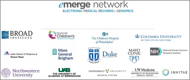 Logos of institutions in the eMERGE network: Broad Institute, Cincinnati Children's, The Children's Hospital of Philadelphia, Columbia University, Icahn School of Medicine at Mount Sinai, Mass General Brigham, Duke University, Mayo Clinic, National Human Genome Research Institute, Northwestern University, The University of Alabama at Birmingham, Vanderbilt University Medical Center, University of Washington Medical Center, Invitae