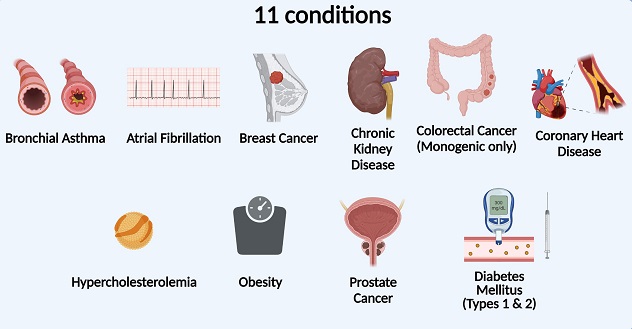 The eMERGE Study tests for bronchial asthma, atrial fibrillation, breast cancer, chronic kidney disease, colorectal cancer (monogenic only), coronary heart disease, hypercholesterolemia, obesity, prostate cancer, and diabetes mellitus types 1 and 2.